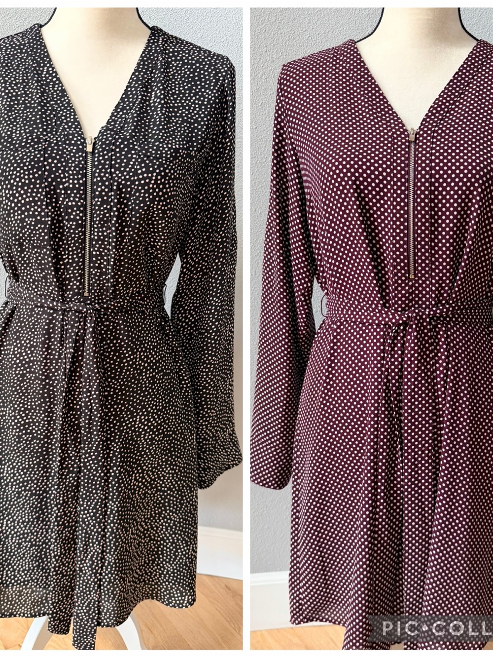 Express Lot of 2 Zip V-Neck Long Sleeve Polk Dot Shift Dresses Burgundy & Black